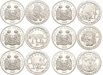 СЬЕРРА-ЛЕОНЕ НАБОР ИЗ 6 МОНЕТ ПО 1 ДОЛЛАРУ 2001 СЕРИЯ БОЛЬШАЯ ПЯТЁРКА, ЛЕВ, НОСОРОГ, БУЙВОЛ, СЛОН, ЛЕОПАРД KM 223, 226, 229, 232, 235, 238 медно-никель UNC 78-29