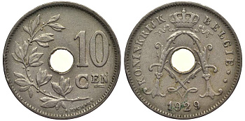 БЕЛЬГИЯ 10 САНТИМОВ 1929 BELGIE, АЛЬБЕРТ I (1909-1934) KM 86 медно-никель 27-912