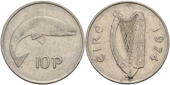 Ирландия 10 пенсов 1974 лосось KM 23 медно-никель 4144-1021