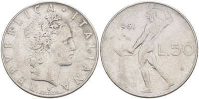 ИТАЛИЯ 50 ЛИР 1961 R, БОГ ОГНЯ ВУЛКАН У НАКОВАЛЬНИ KM 95.1 нержавеющая сталь 4551-341