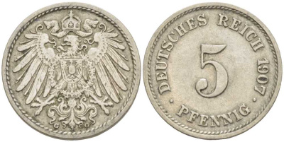 ГЕРМАНИЯ 5 ПФЕННИГОВ 1907 G KM 11, J. 12 медно-никель 105-127