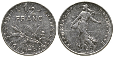ФРАНЦИЯ 1/2 ФРАНКА 1983 KM 931.1 никель 93-1412