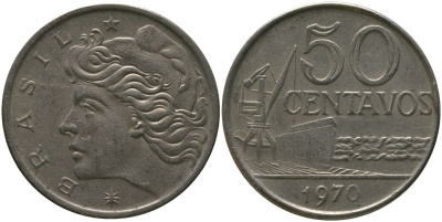 Бразилия 50 сентаво 1970 голова свободы влево KM 580a, Schon 85a медно-никель 4577-823