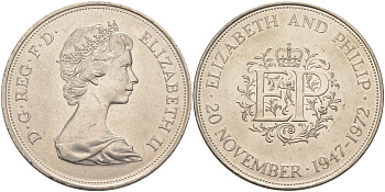 Великобритания 25 пенсов 1972 25 лет со дня свадьбы Елизавтеы II И Филлипа (1947-1972, серебрянная свадьба), Елизавета II (1952-2022) KM 917, Spink 4226 медно-никель 4552-532