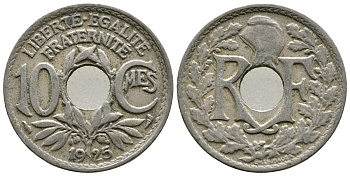 ФРАНЦИЯ 10 САНТИМОВ 1925 ТИП ЛИНДАЙЁ KM 866а медно-никель 4364-1316