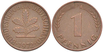 ФРГ 1 ПФЕННИГ 1972 F KM 105, J.380 сталь плакированная медью 66-636