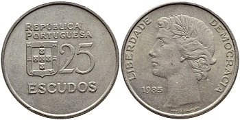 Португалия 25 эскудо 1985 KM 607а медно-никель 4394-811