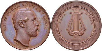 ШВЕЦИЯ МЕДАЛЬ 1871 К 100 - ЛЕТИЮ ОТКРЫТИЯ КОРОЛЕВСКОЙ МУЗЫКАЛЬНОЙ АКАДЕМИИ (1771-1871), ОСКАР XV КОРОЛЬ ШВЕЦИИ И НОРВЕГИИ, ДИАМЕТР 39 ММ., ВЕС 26 ГР. бронза 1084-2-53