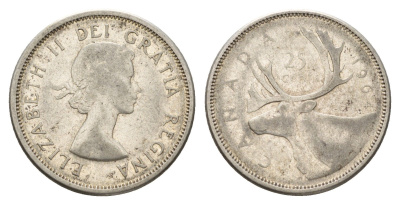 Канада 25 центов 1964 Елизавета II (1952-2022), олень KM 52 серебро 181-411