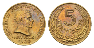 Уругвай 5 сентесимо 1960 KM 38 никель латунь 4643-715
