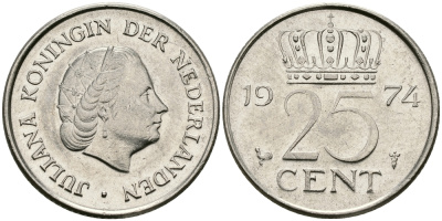 НИДЕРЛАНДЫ 25 ЦЕНТОВ 1974 ЮЛИАНА KM 183 никель 96-235