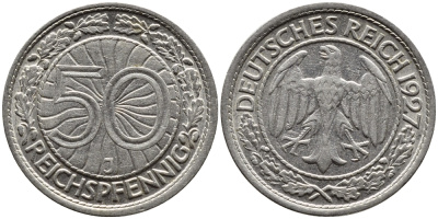 ГЕРМАНИЯ 50 РЕЙХСПФЕННИГОВ 1927 J KM 49, J. 324 никель 4387-1163