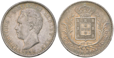 Португалия 500 реалов 1888 Луиш I (1861-1889) KM 509 серебро 272-342