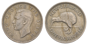 Новая Зеландия 2 шиллинга (флорин) 1948 Георг VI (1936-1952), птичка киви KM 18 медно-никель 4654-522