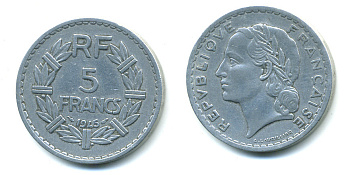 Франция 5 франков 1945 KM 888b.1, Le Franc 339.3 алюминий 59-1011