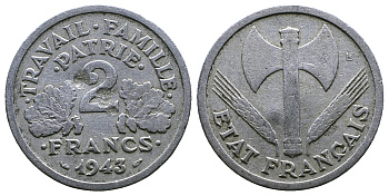 Франция 2 франка 1943 правительство Виши KM 904.1 алюминий 261-445