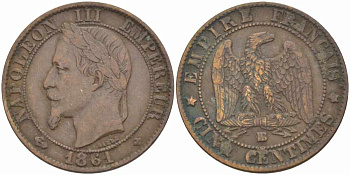 ФРАНЦИЯ 5 САНТИМОВ 1861 BB, НАПОЛЕОН III (1852-1870) KM 797.2, LE FRANC 117.3 бронза 108-514