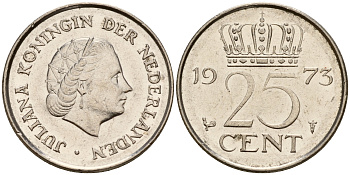 Нидерланды 25 центов 1973 Юлиана (1949-1980) KM 183 никель    4598-467