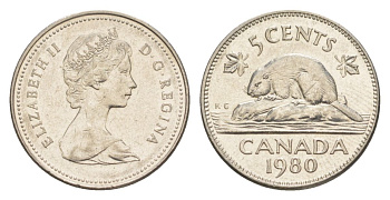 Канада 5 центов 1980 Елизавета II (1952-2022), бобр KM 60.2 никель 4630-728