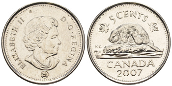 Канада 5 центов 2007 Елизавета II (1952-2022), бобер KM 491 сталь плакированная никелем 4609-449
