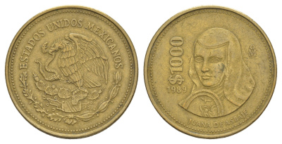 Мексика 1000 песо 1989 Мо, Хуана де Асбахе KM 536 алюминиевая бронза 4653-1025