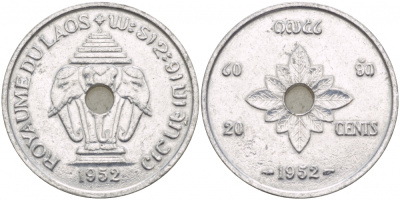 Лаос 20 центов 1952 король Сисаванг Вонг (1904-1959), слоны KM 5 алюминий 4545-431