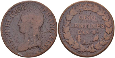 ФРАНЦИЯ 5 САНТИМОВ 1799 АA, КОНСУЛАТ (1799-1803) LAN 8 KM 640.2 (C 135.2) бронза 114-1044