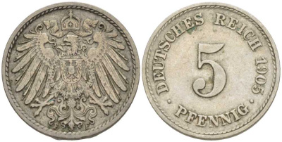 ГЕРМАНИЯ 5 ПФЕННИГОВ 1905 F KM 11, J. 12 медно-никель 105-111
