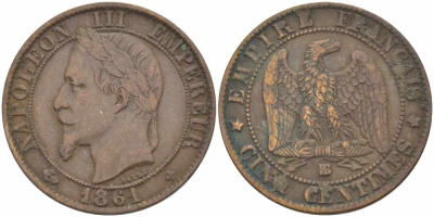 ФРАНЦИЯ 5 САНТИМОВ 1861 BB, НАПОЛЕОН III (1852-1870) KM 797.2, LE FRANC 117.3 бронза 108-514