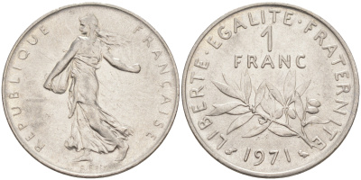 Франция 1 франк 1971 сеятель KM 925.1, Le Franc 226.16 никель 4513-726