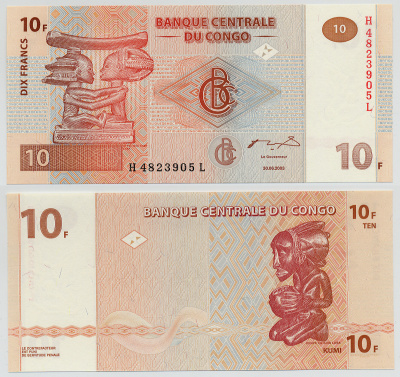 ДР Конго 10 франков 2003 древние фигурки Pick 93 бумага UNC (пресс) 6279-10-1-1