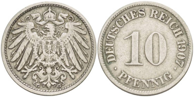 Германия 10 пфеннигов 1907 G KM 12, Jager 13, Weege 8 медно-никель 219-136
