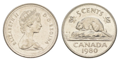 Канада 5 центов 1980 Елизавета II (1952-2022), бобр KM 60.2 никель 4630-728