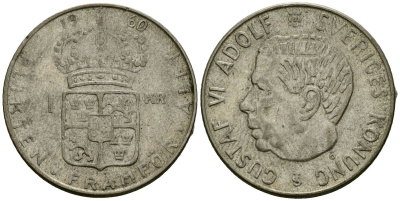 Швеция 1 крона 1960 TS, Густав VI Адольф (1950-1973) KM 826 серебро 4177-1013