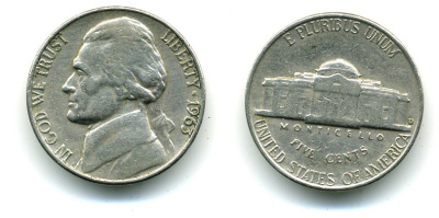 США 5 ЦЕНТОВ 1963 D, ДЖЕФФЕРСОН KM A192 медно-никель 53-446