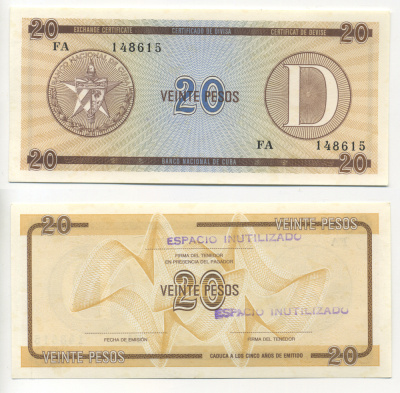 Куба, валютный сертификат 20 песо ND серия D, желтая, второй выпуск Pick FX 36 бумага UNC (пресс) 7217-73-1-2