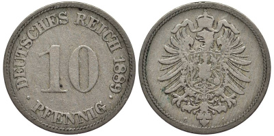 ГЕРМАНИЯ 10 ПФЕННИГОВ 1889 G, СТАРОГЕРБОВКА KM 4, Jager 4, Weege 7 медно-никель 4543-817