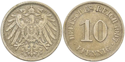 Германия 10 пфеннигов 1907 A KM 12, J. 13, Weege 8 медно-никель 259-945