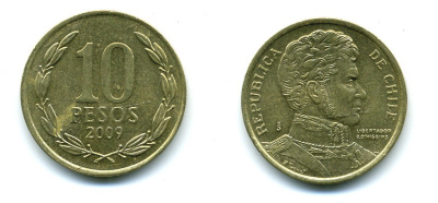 ЧИЛИ 10 ПЕСО 2009 ГЕНЕРАЛ БЕРНАРДО О ХИГГИНС KM 228.2 никель-бронза 37-743