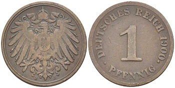 ГЕРМАНИЯ 1 ПФЕННИГ 1900 J KM 10, J. 10 медь 112-1113