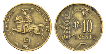 Литва 10 центов 1925 год-тип KM 73 алюминиевая бронза 4679-621