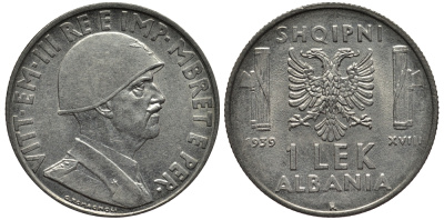 Албания 1 лек 1939 R, год XVIII, Итальянская оккупация, вторая мировая KM 31 нержавеющая сталь 109-1013