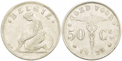 БЕЛЬГИЯ 50 САНТИМОВ 1923 BELGIE KM 88 никель 261-1126