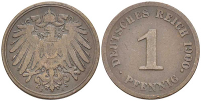 ГЕРМАНИЯ 1 ПФЕННИГ 1900 J KM 10, J. 10 медь 112-1113