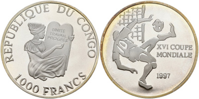 Конго 1000 франков 1997 XVI чемпионат мира по футболу 1998 года во Франции, удар по воротам KM 39 серебро PROOF 04-319-42