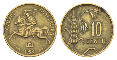 Литва 10 центов 1925 год-тип KM 73 алюминиевая бронза 4679-621