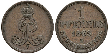 Ганновер 1 пфенниг 1863 B, Георг V KM 233, AKS 156, J. 90 медь 4594-233