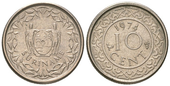 Суринам 10 центов 1974 KM 13 медно-никель 4611-613