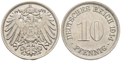 Германия 10 пфеннигов 1914 F KM 12, J. 13 медно-никель 85-212