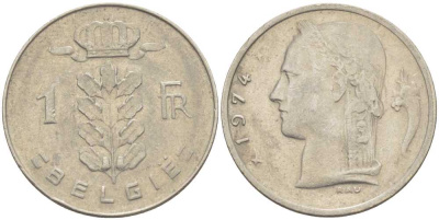 БЕЛЬГИЯ 1 ФРАНК 1974 BELGIE, БОДУЭН I (1951-1993) KM 143.1 медно-никель 213-346